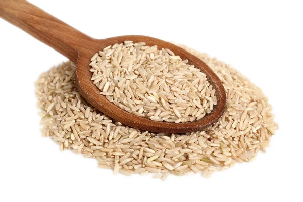 Arroz Integral Grano Largo Sobre Cuchara Madera Aislado Sobre Fondo — Foto de Stock