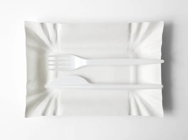 Disposable Plastic Cutlery White Paper Plate — Stock Photo, Image
