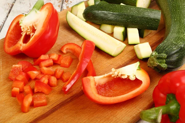 Chopped Zucchinis Red Pepper Wooden Board — Stock Photo, Image