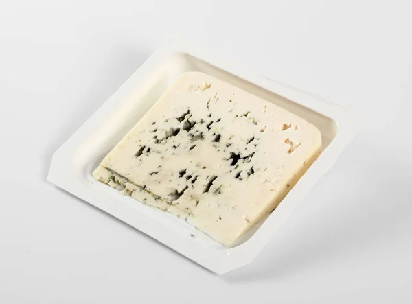 Blue Cheese Disposable Plastic Box Isolated Clipping Path — Stock Photo, Image