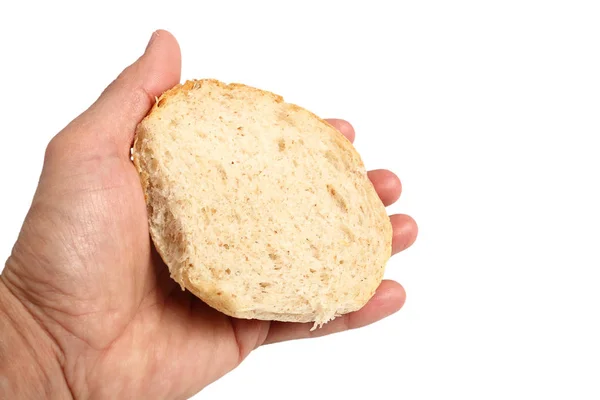 Hand Holding Half Graham Bread Roll Isolated White Background — Stock Photo, Image