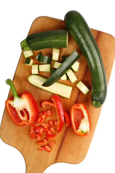 Chopped Zucchinis Red Pepper Wooden Board — Stock Photo, Image