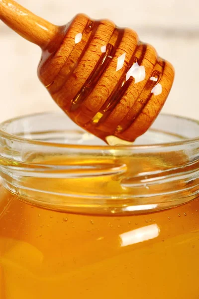 Jar Honey Honey Dipper — Stock Photo, Image