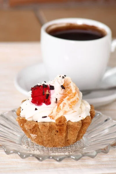 Tart Jam Whipped Cream Fruits Coffee Cup — Stock Photo, Image
