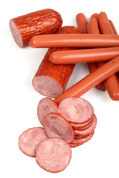 Selection Whole Sliced Sausages Isolated White — Stock Photo, Image