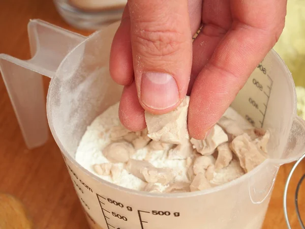 Adding Fresh Yeast Measuring Cup Making Yeast Pancakes Crepes — Stock Photo, Image