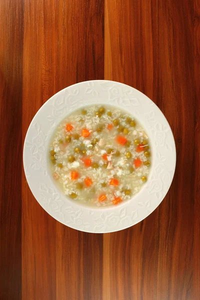Рисовый Суп Курицей Зеленым Горошком Морковью Прямая Отмена — стоковое фото