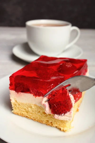 Strawberry Jelly Cake Cup Tea — Stock Photo, Image