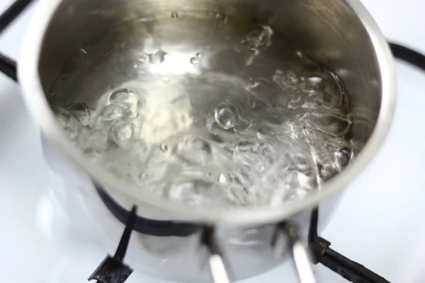 Boiling Water Milk Pan Gas Stove — Stock Photo, Image