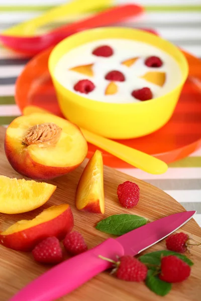 Gyümölcs Joghurt Egészséges Táplálkozás Barack Málna — Stock Fotó
