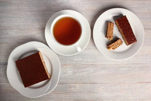 Cup Tea Waffer Cake Plates Table — Stock Photo, Image