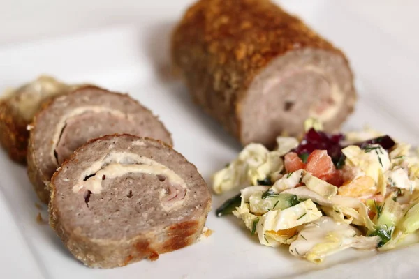 Meat Roulade Salad Plate Rolled Meat Filling Cheese Ham — Stock Photo, Image