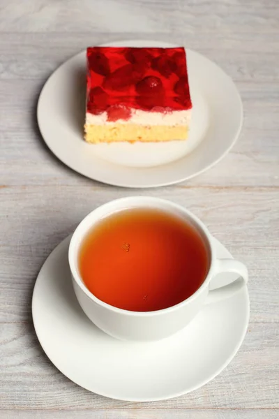 Strawberry Jelly Cake Cup Tea — Stock Photo, Image