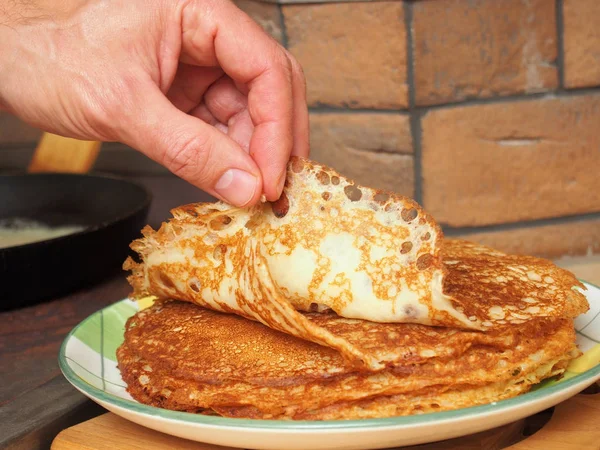 Los Panqueques Están Listos Para Comer Hacer Panqueques Levadura Crepes — Foto de Stock