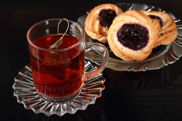 Cup Tea Tea Bag Marzipan Cookies Jam — Stock Photo, Image