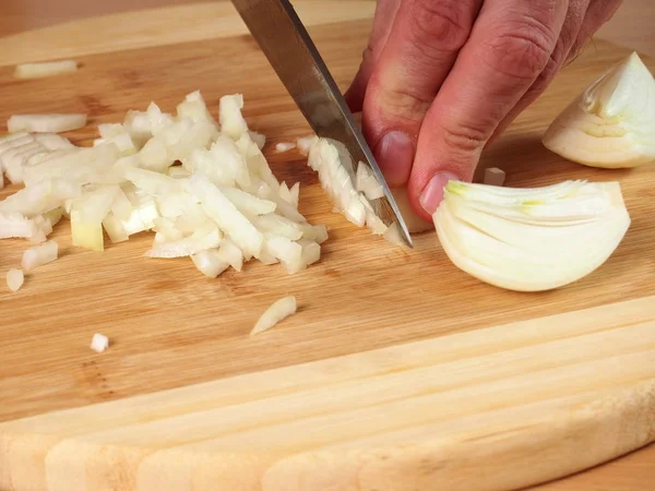 Cipolla Taglio Preparare Ripieno Preparazione Gnocchi Carne — Foto Stock