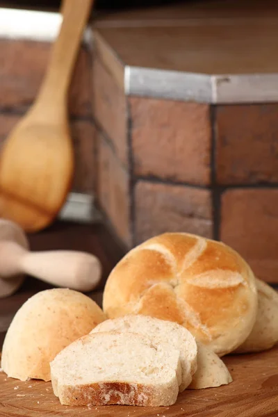 Rollo Pan Trigo Integral Kaiser Rodajas Fondo Cocina Rural — Foto de Stock