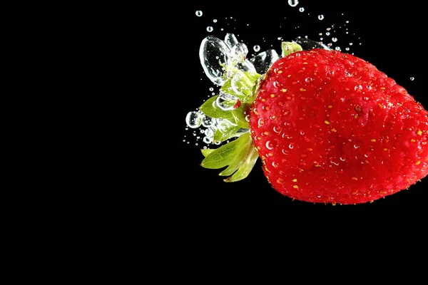 Strawberry Falling Water Black Background — Stock Photo, Image