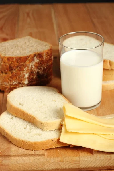 Milk Glass Bread Cheese — Stock Photo, Image