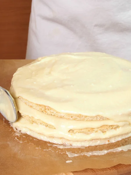Kuchenschichten Füllen Schokoladenkuchen Mit Frischkäsefüllung Und Schokoladenbelag Serie — Stockfoto