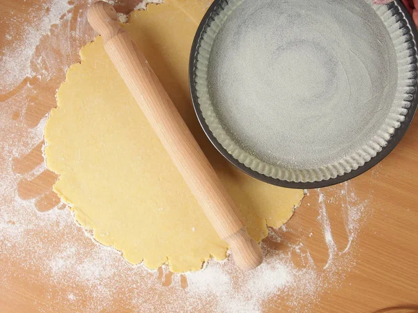 Pasticceria Rotonda Mattarello Tegame Fare Torta Mele Serie Crostata — Foto Stock