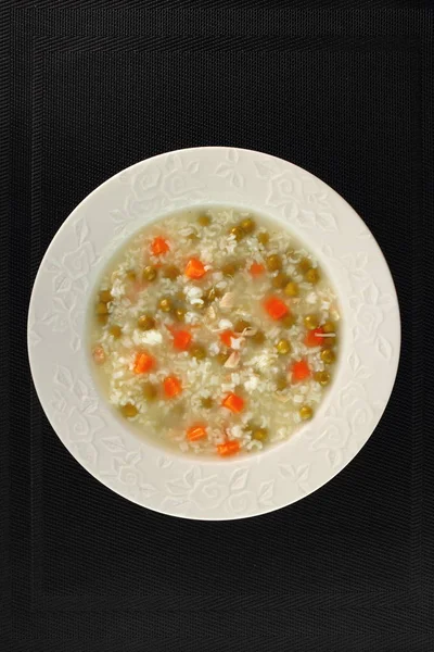 Rice Soup Chicken Green Peas Carrots Directly — Stock Photo, Image