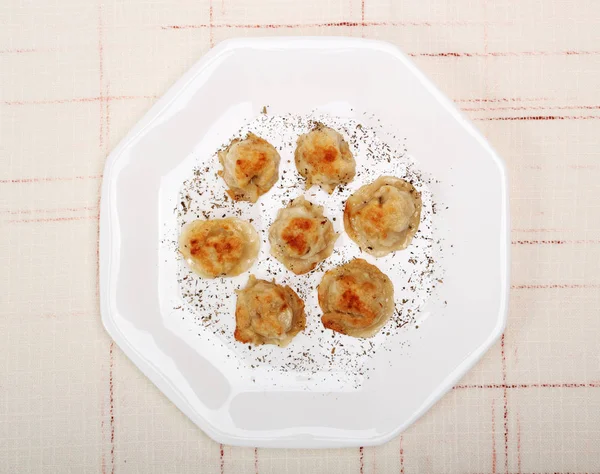 Portion Roasted Dumplings Served White Plate Top View — Stock Photo, Image