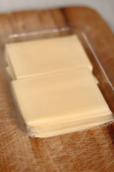 Rebanadas Queso Caja Embalaje Plástico Desechable — Foto de Stock