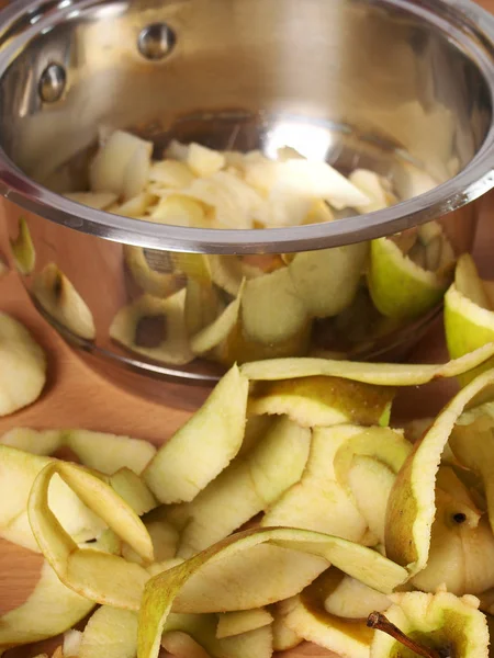 Cortar Las Manzanas Una Sartén Hacer Tarta Pastel Manzana Serie —  Fotos de Stock