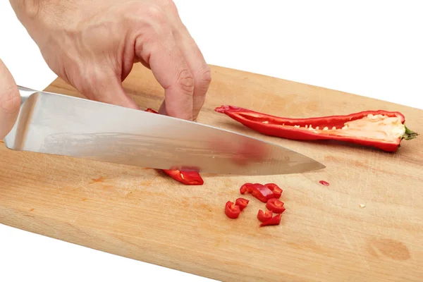 Male Hands Cutting Red Chili Pepper Isolated White Background — Stock Photo, Image