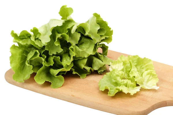 Planche Bois Feuilles Salade Fraîches Isolées Sur Fond Blanc — Photo