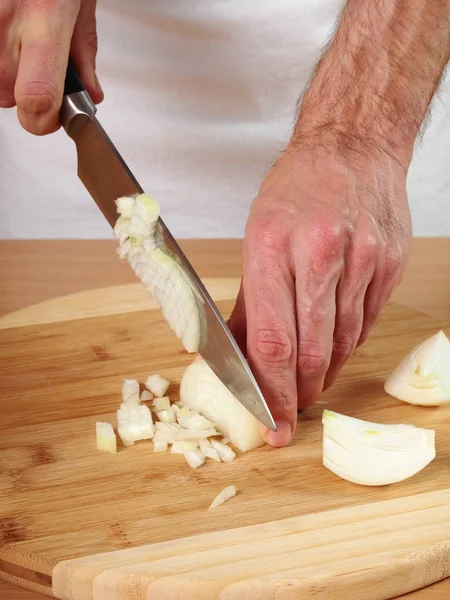 Cipolla Taglio Preparare Ripieno Preparazione Gnocchi Carne — Foto Stock