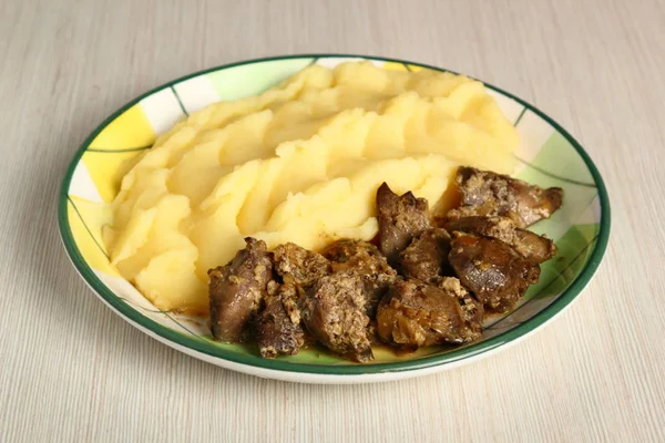 Fígados Galinha Fritos Purê Batatas — Fotografia de Stock