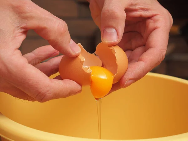 Cracking Eggs Mixing Bowl Making Yeast Pancakes Crepes — Stock Photo, Image