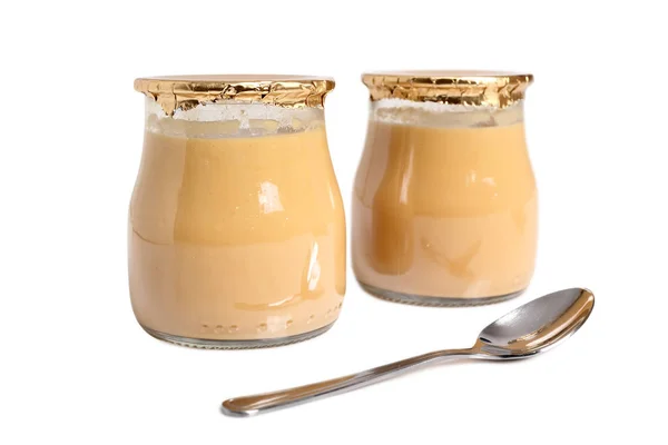 Melk Dessert Potten Geïsoleerd Met Uitknippad — Stockfoto