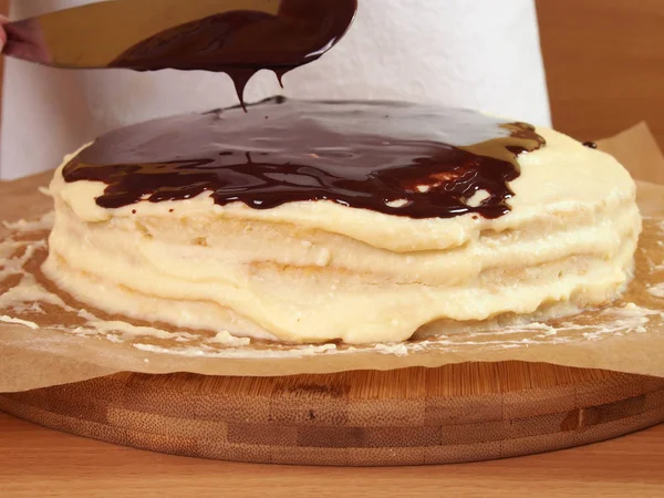 Frosting Och Icing Lager Att Göra Choklad Layer Cake Med — Stockfoto