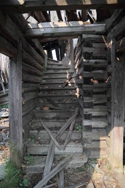 Vue Des Escaliers Ruine Intérieur Cabane Bois — Photo