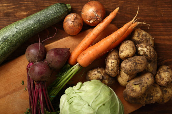 Vegetable Harvest Still Life: Potato, Carrot, Beet, Zucchini, Onion, Cabbage.