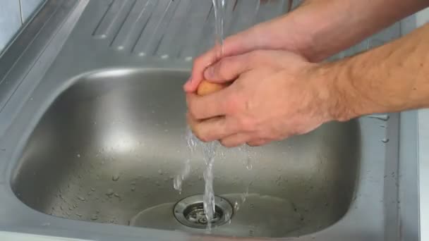 Close Shot Male Hands Washing Egg — Stock Video