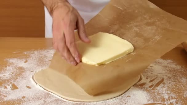 Man Making Puff Pasty — стоковое видео