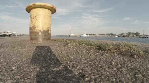 Солнце Освещает Траву Морские Волны Движущиеся Набережной — стоковое видео