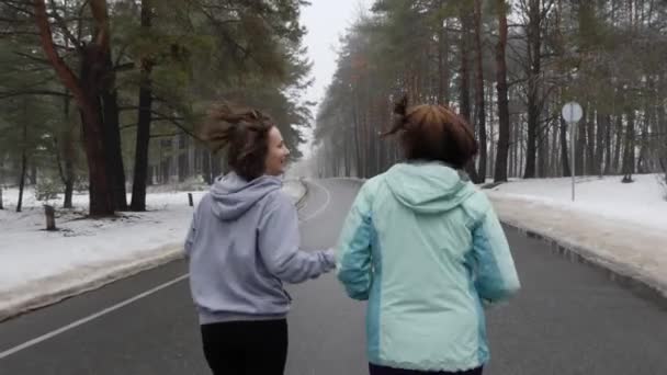 Happy Senior och unga kaukasiska kvinnor som kör i den snöiga parken i vinter pratar och leende. Close up back Följ Shot. Slow Motion (långsam) — Stockvideo