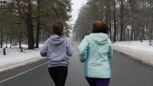 Счастливые старшие и молодые кавказские женщины, бегающие в снежном парке зимой, разговаривая и улыбаясь. Назад за выстрелом . — стоковое видео