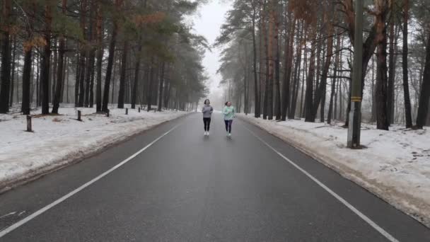 Happy Senior e jovens mulheres caucasianas correndo no parque nevado no inverno falando e sorrindo. Tiro estático frontal . — Vídeo de Stock