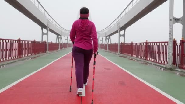 Caminhada nórdica. Jovem mulher caucasiana gordinha caminhando com os pólos nórdicos. Voltar Siga Shot. Movimento lento — Vídeo de Stock