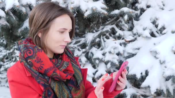 Retrato de vista lateral de una mujer emocionada usando un teléfono móvil inteligente en el parque en invierno. Movimiento lento — Vídeo de stock