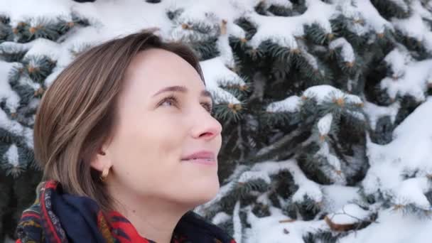 Close-up rosto jovem bela mulher atraente na neve sorrindo no parque de inverno perto da árvore com aparelho — Vídeo de Stock