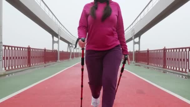 Caminhada nórdica. Jovem mulher caucasiana gordinha caminhando com os pólos nórdicos. Fechar em frente Siga tiro . — Vídeo de Stock