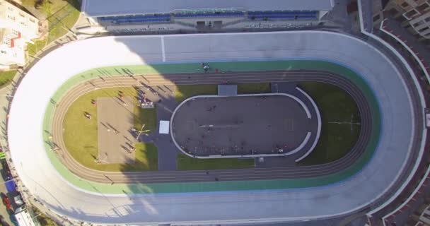 Velodrome In Kiev Cycling Track Cyclist Training For A Race Aerial View — Stock Video