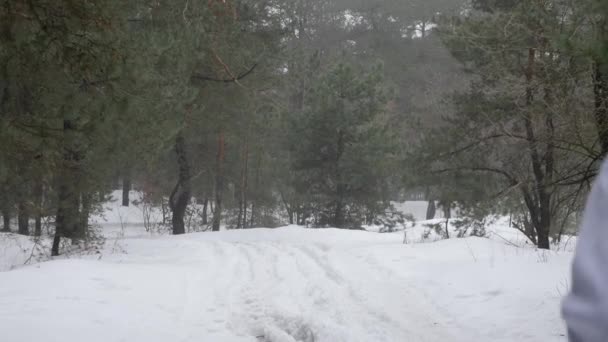 Бег по тропе. Молодые привлекательные кавказские девушки бегут в лесу по снегу. Назад за выстрелом. Медленное движение — стоковое видео